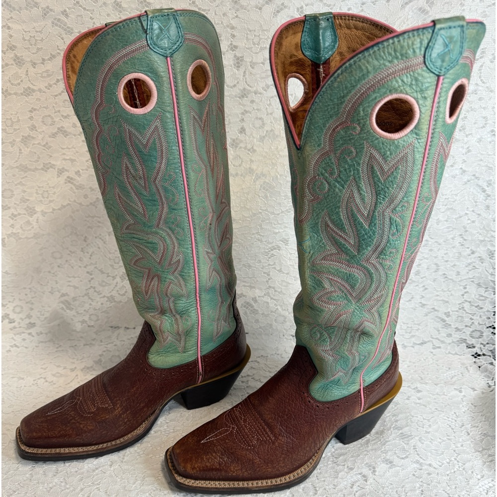 Tony Lamas pink and turquoise ostrich boots